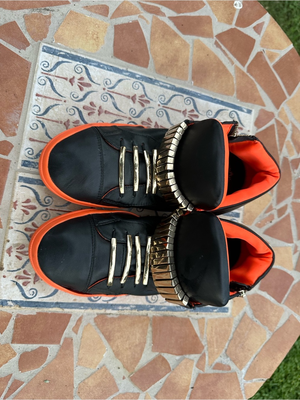 Jeffrey Campbell Black & Orange High-Top Sneakers with Gold Accents size 10